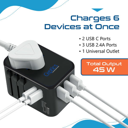 universal travel adapter charging six devices at once with USB C and USB A cables connected