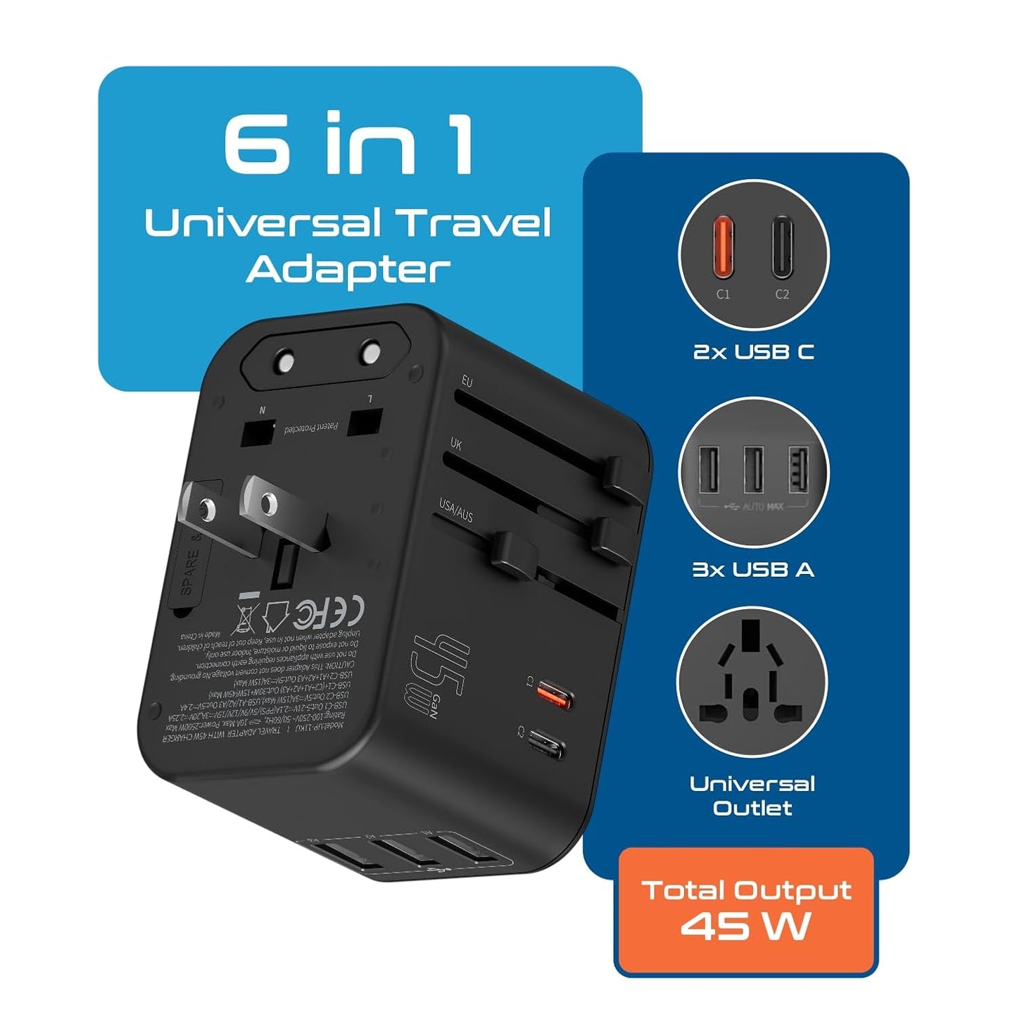 6-in-1 universal travel adapter with 2 USB C ports 3 USB A ports and universal outlet, 45W total output