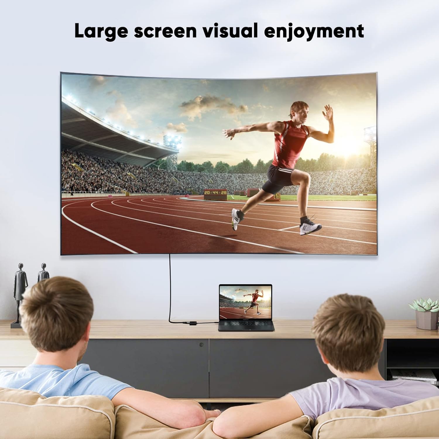 USB-C to HDMI adapter enabling large screen visual experience by streaming laptop content to curved TV for home entertainment