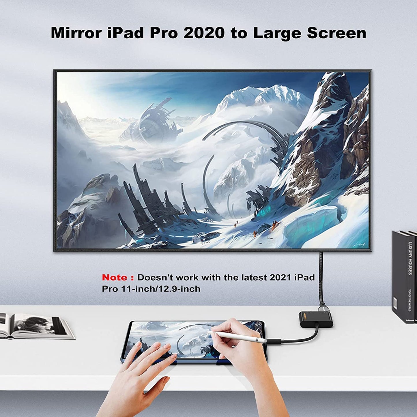 USB-C to HDMI VGA adapter mirroring iPad Pro 2020 screen to large wall-mounted TV displaying 4K digital artwork