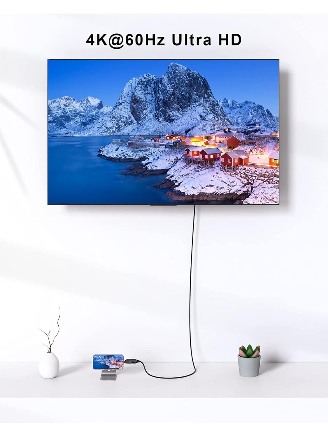 USB-C to DisplayPort Adapter streaming 4K 60Hz Ultra HD video from smartphone to large wall-mounted TV