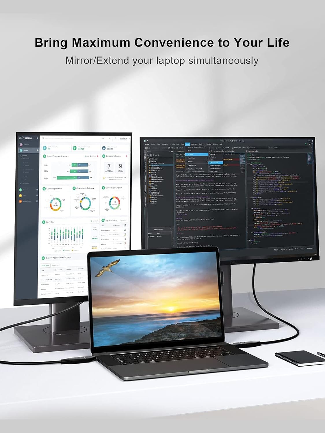 USB-C to DisplayPort Adapter mirroring and extending MacBook display to dual monitors for productivity and multitasking