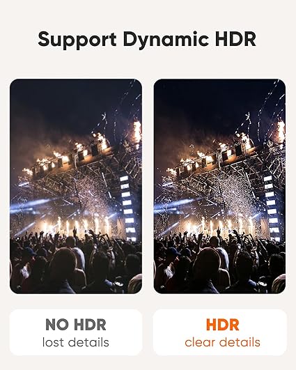 USB C to DisplayPort 1.4 adapter dynamic HDR support comparison showing vivid clear details versus no HDR image quality