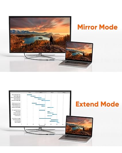 USB C to DisplayPort cable supporting mirror mode and extend mode dual display setup with laptop and external monitor