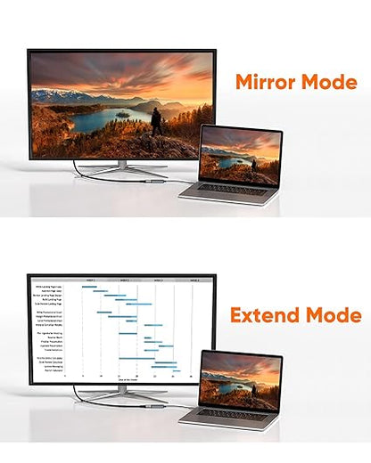 USB C to DisplayPort cable supporting mirror mode and extend mode dual display setup with laptop and external monitor