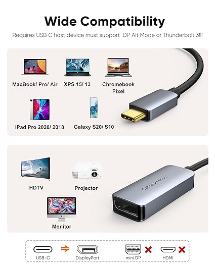USB C to DisplayPort adapter wide compatibility with MacBook iPad Pro Galaxy S20 XPS Chromebook HDTV projector and monitor