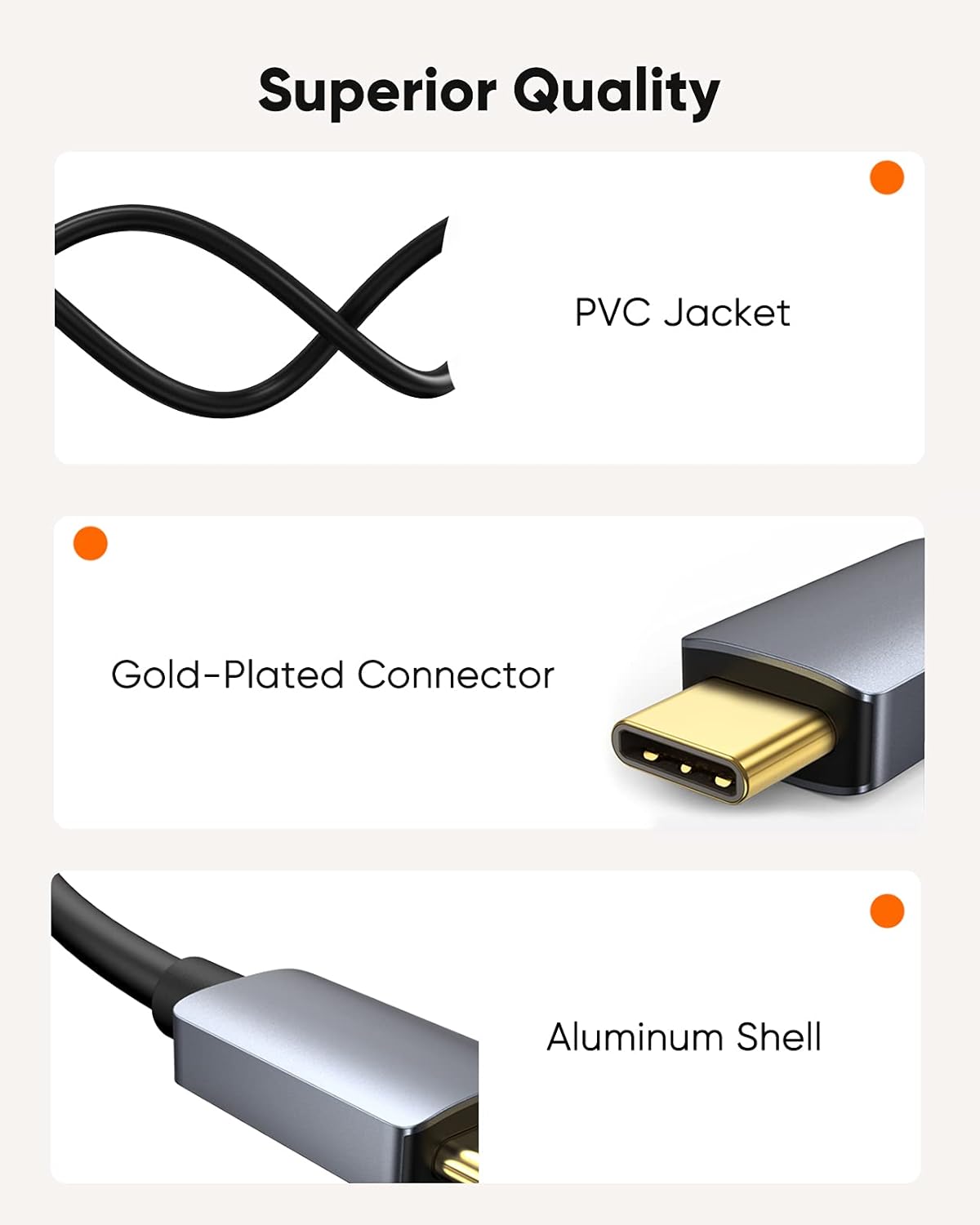 USB C to DisplayPort adapter superior quality showing flexible PVC jacket cable gold plated connector and aluminum shell