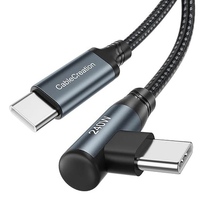 240W USB-C to USB-C 90 degree right angle cable with aluminum alloy shell and nylon braided jacket on white background