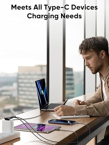 240W USB-C to USB-C right angle cable simultaneously charging laptop tablet and smartphone meeting all USB-C device charging needs at office desk