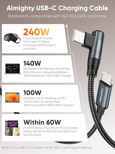 240W USB-C to USB-C right angle cable backward compatible with 140W for MacBook Pro M3 Max 100W for MacBook Air iPad Pro and 60W for iPhone 15 Samsung Galaxy