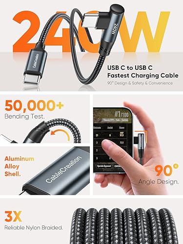 240W USB-C to USB-C right angle cable with 90 degree design 50000 plus bending test aluminum alloy shell and triple nylon braided jacket