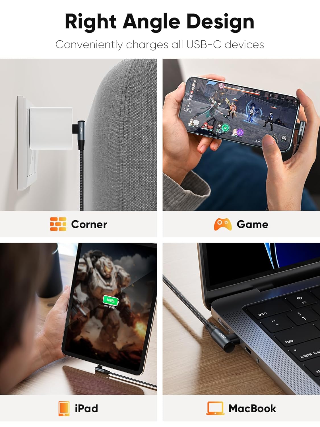 USB-C to USB-C 90 degree right angle cable charging in corner wall outlet during mobile gaming on iPhone charging iPad to 100% and connected to MacBook