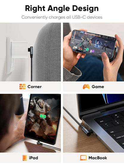 USB-C to USB-C 90 degree right angle cable charging in corner wall outlet during mobile gaming on iPhone charging iPad to 100% and connected to MacBook