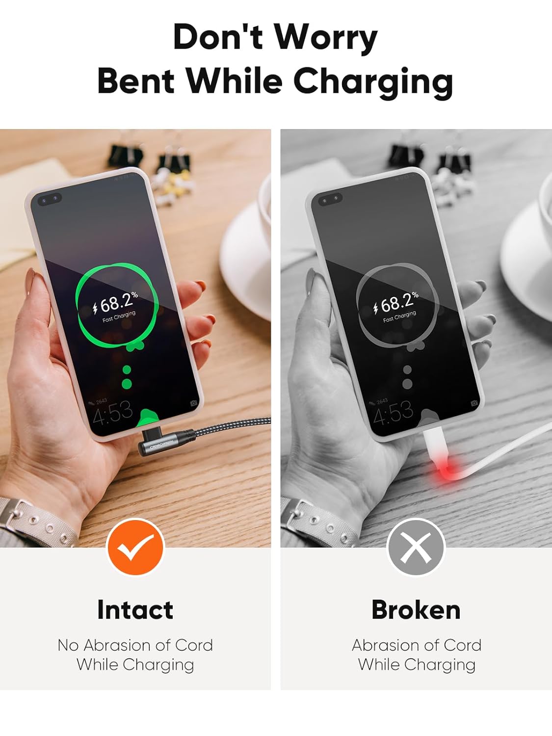 USB-C right angle cable bend-resistant design comparison showing intact braided cord versus broken straight cable while fast charging smartphone