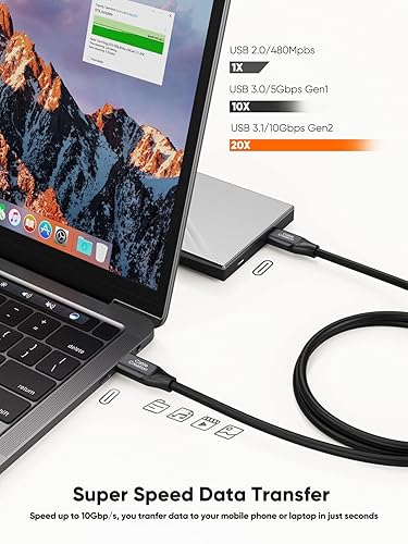 USB-C cable with super speed 10Gbps data transfer USB 3.1 Gen2 connecting MacBook to external SSD hard drive