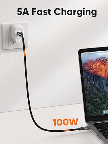 USB-C cable with 5A fast charging and 100W power delivery connecting wall charger to MacBook laptop