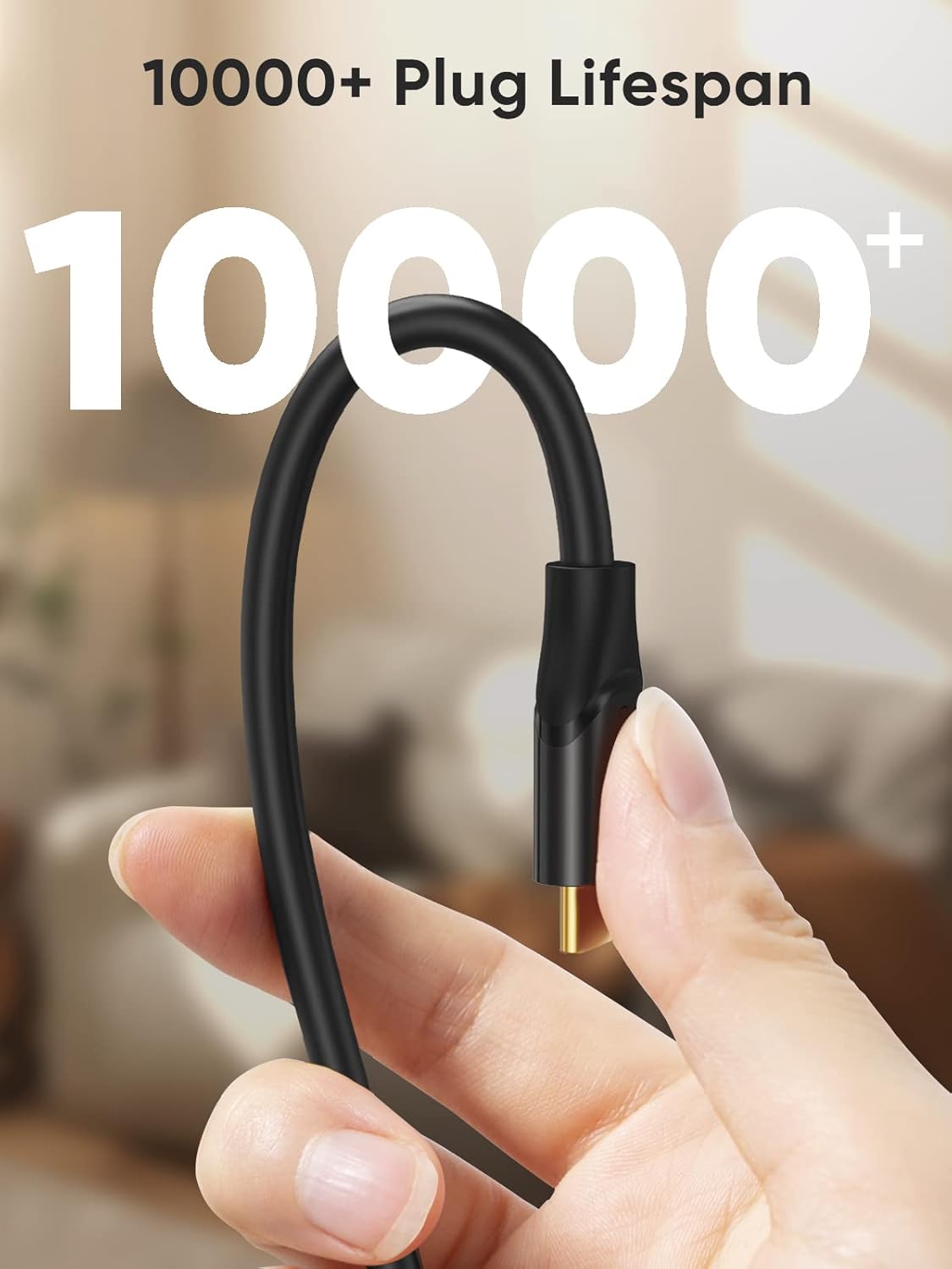 USB-C cable with 10000+ plug lifespan durability rating held in hand showing gold-plated connector and flexible black cable