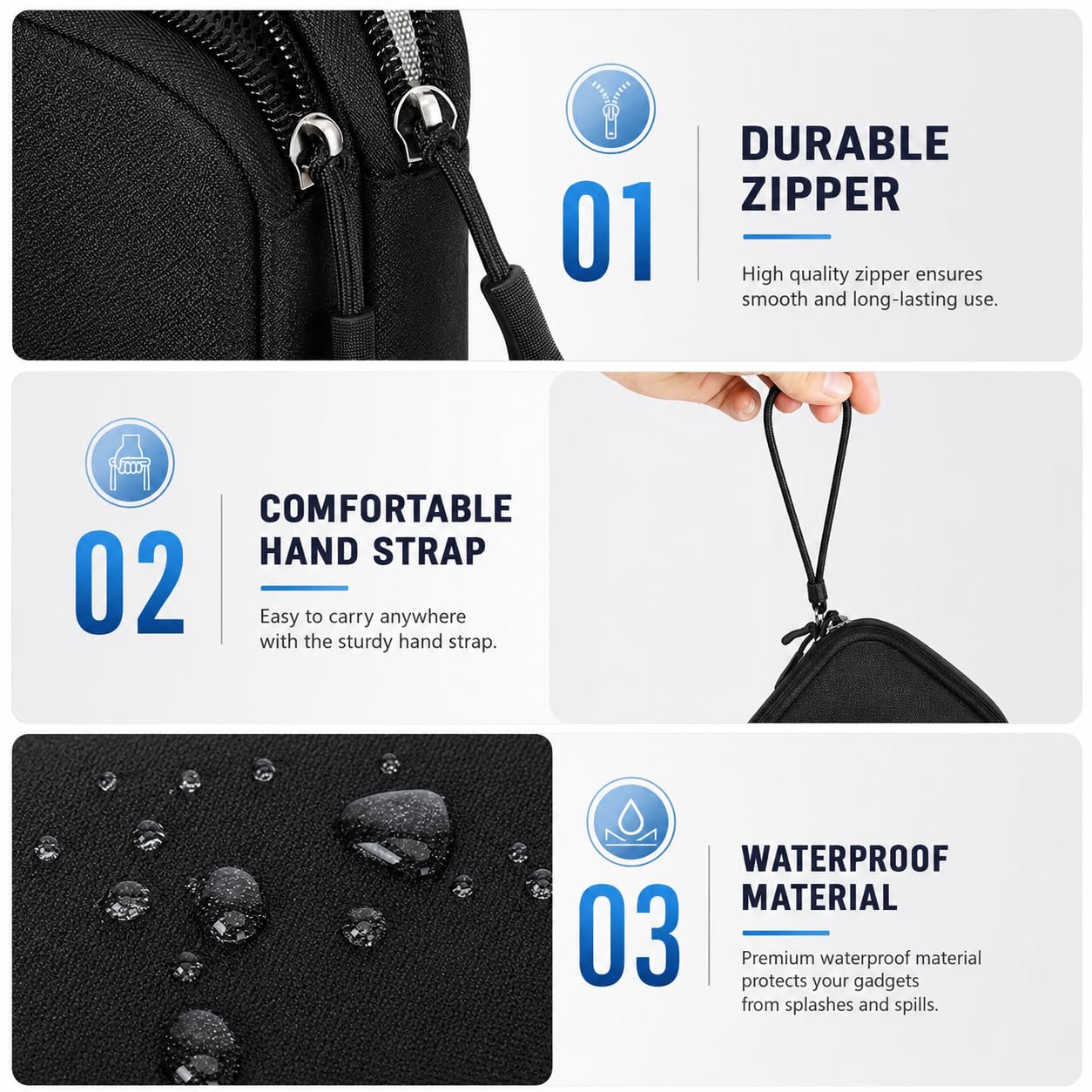 Electronics travel organizer case featuring durable zipper, comfortable hand strap, and waterproof water-resistant material