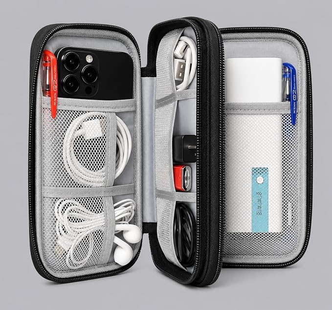 Electronics organizer case interior with mesh pockets holding phone, charging cables, adapter, earphones, and power bank