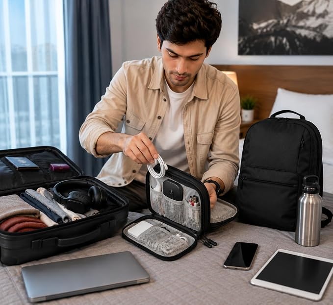 Man packing black electronics organizer case into travel suitcase alongside backpack and tech accessories