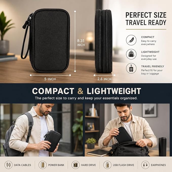 Compact lightweight electronics organizer case measuring 8.31 x 5 x 2.6 inches, travel-ready size for cables, power bank, and hard drive