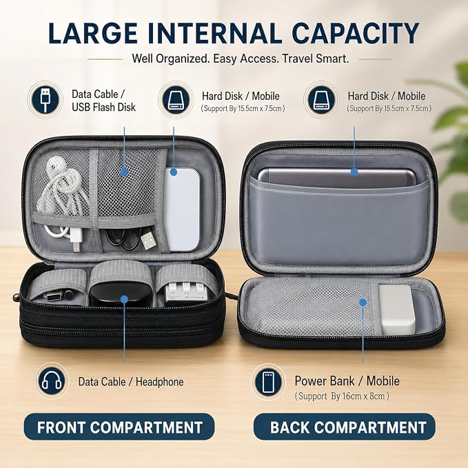Electronics organizer case with large internal capacity, front compartment for cables and chargers, back compartment for power bank and hard disk