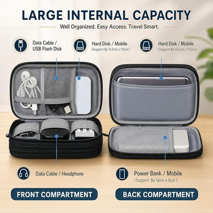 Electronics organizer case with large internal capacity, front compartment for cables and chargers, back compartment for power bank and hard disk