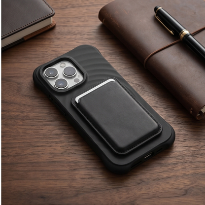 Black rugged iPhone case with card holder slot placed on a brown leather journal