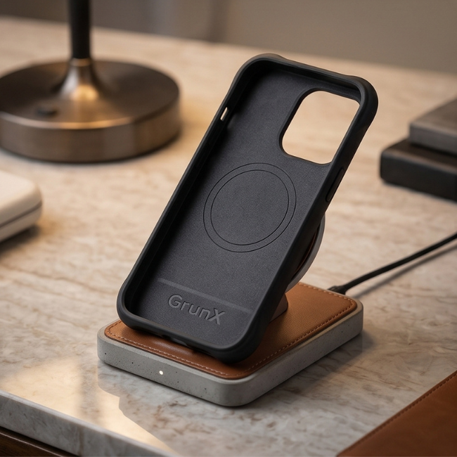 Black rugged iPhone case displayed on a wooden surface next to a brass lamp