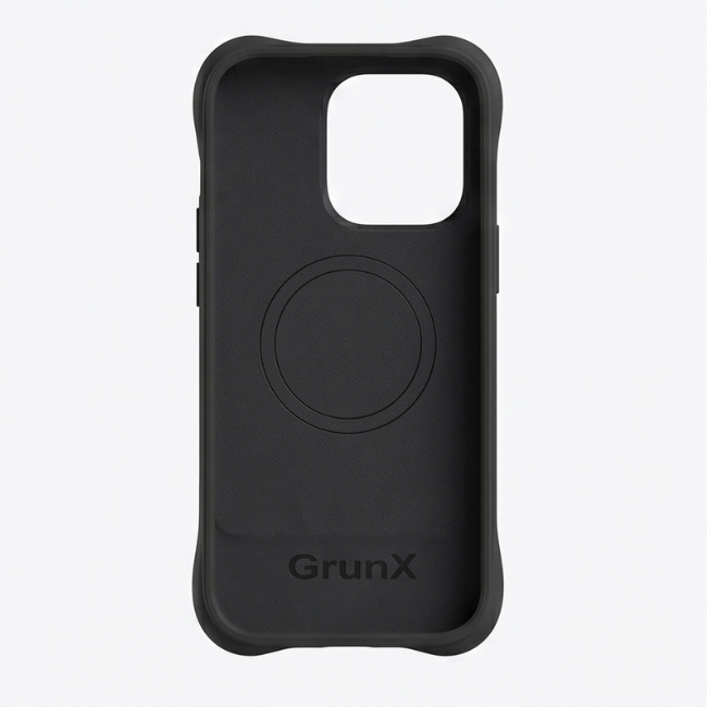 Front view of black rugged iPhone case with MagSafe ring on white background
