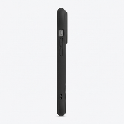 Side profile view of black rugged iPhone case on white background