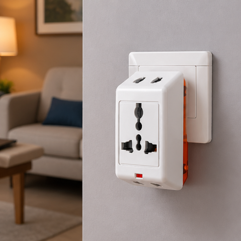 Wipro 3 Way Multiplug Adaptor with universal socket and LED indicator plugged into living room wall socket