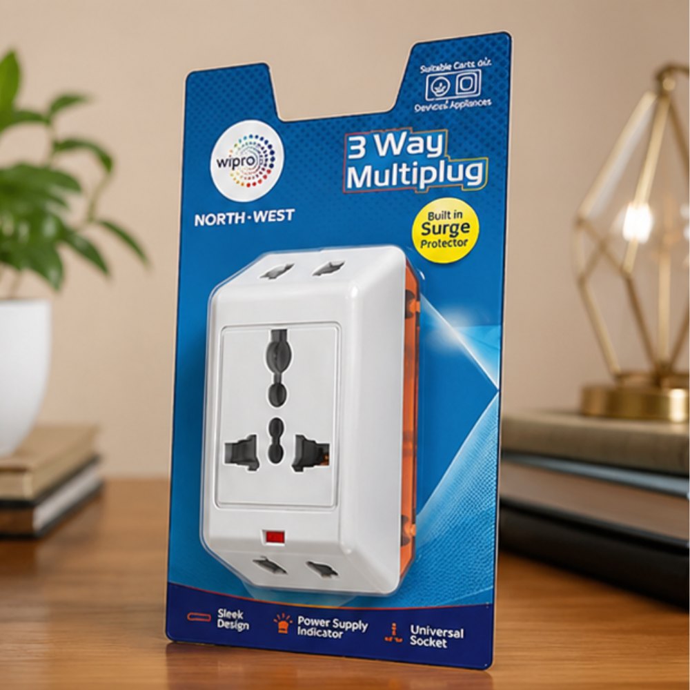 Wipro North-West 3 Way Multiplug Adaptor with built-in surge protector universal socket in retail blister packaging