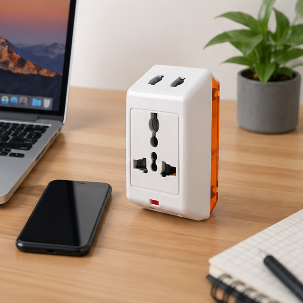 Wipro 3 Way Multiplug Adaptor universal socket placed on office desk beside laptop smartphone and notebook