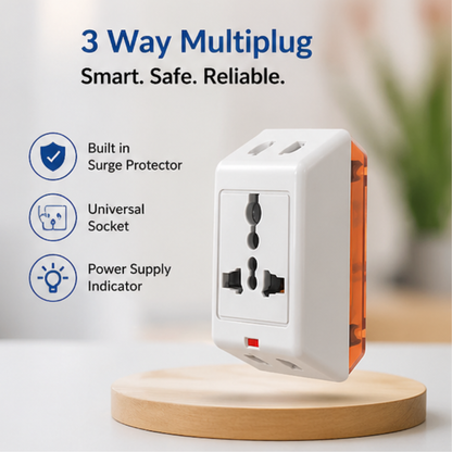 Wipro 3 Way Multiplug Adaptor with built-in surge protector universal socket and power supply indicator on wooden stand