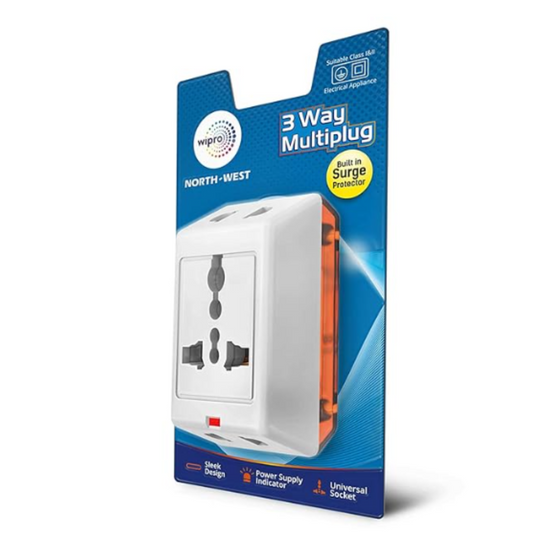 Wipro 3-Way Multiplug Adaptor with 1 Universal Socket – Compact and lightweight design for home and office use – available at GrunX
