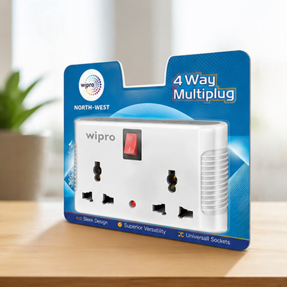 Wipro North-West 4 Way Multiplug Adaptor with universal sockets and red switch in retail blister packaging