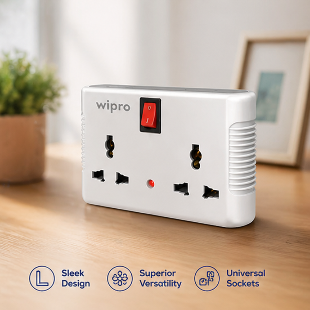 Wipro 4 Way Multiplug Adaptor with red on-off switch universal sockets sleek white design on wooden table