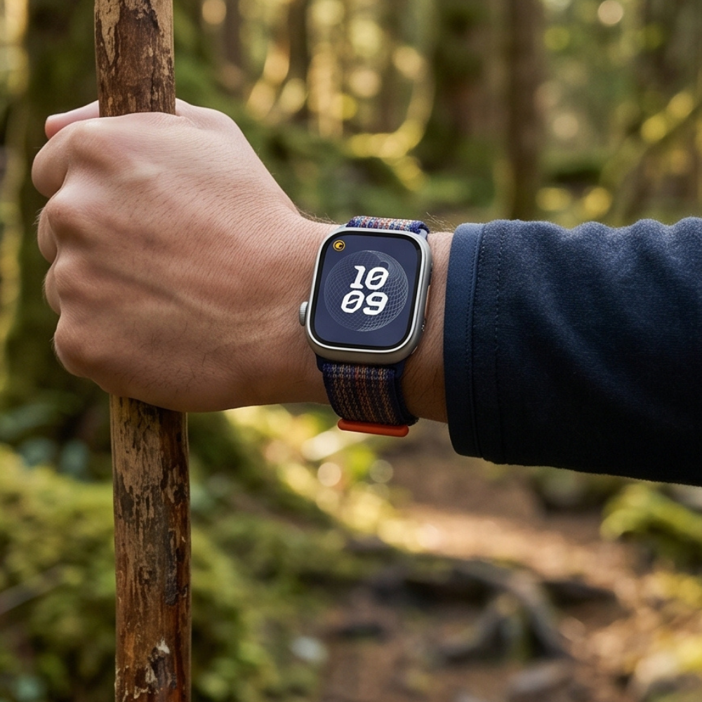 Black smartwatch with orange accent ring worn on wrist in natural outdoor environment with green foliage background