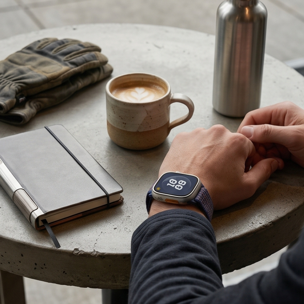 Black smartwatch with orange accent displayed on wooden café table next to coffee cup and notebook in morning workspace setting