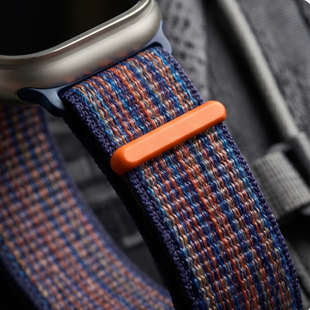 Black smartwatch with orange accent band worn on wrist, showcasing detailed textile strap pattern and premium construction