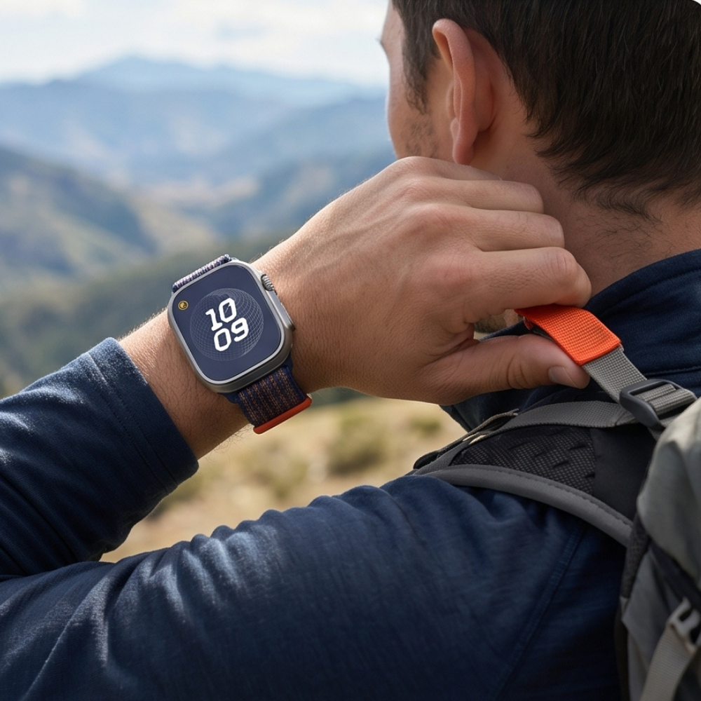 Black smartwatch with orange accent ring worn during outdoor mountain activity, displaying durability for active lifestyles