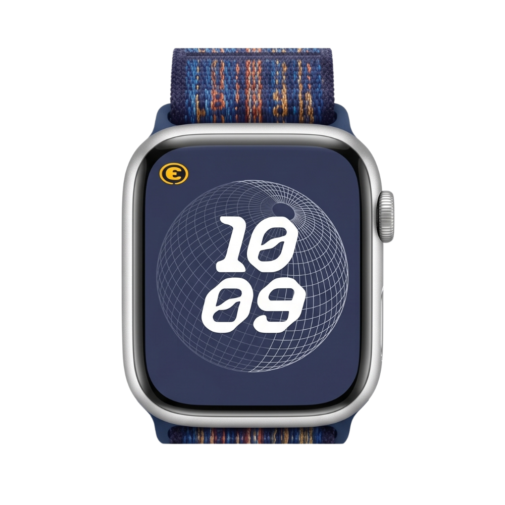 Smartwatch with digital time display showing 10:09 on dark background, featuring clean minimalist interface design