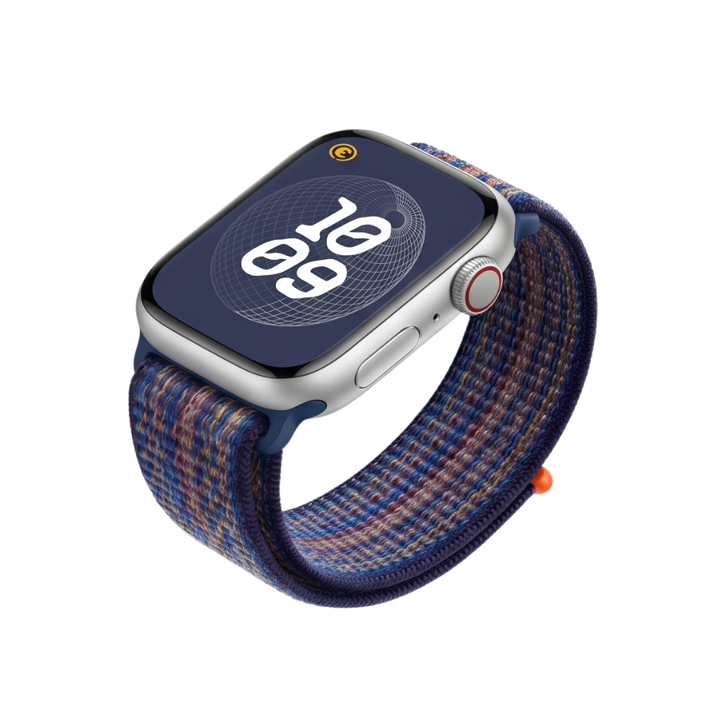 Black smartwatch with orange accent bezel shown in front profile angle, displaying sleek modern design and premium finish