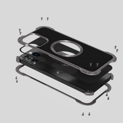 Detailed view of the premium carbon fiber backplane texture and protective aluminum alloy frame of the Xman iPhone case, emphasizing quality and camera safety.