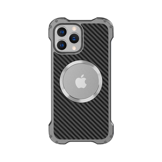 Xman Aluminum Alloy and Carbon Fiber Case for iPhone 15 Pro Max, showcasing the sleek, magnetic, and shockproof protective design.