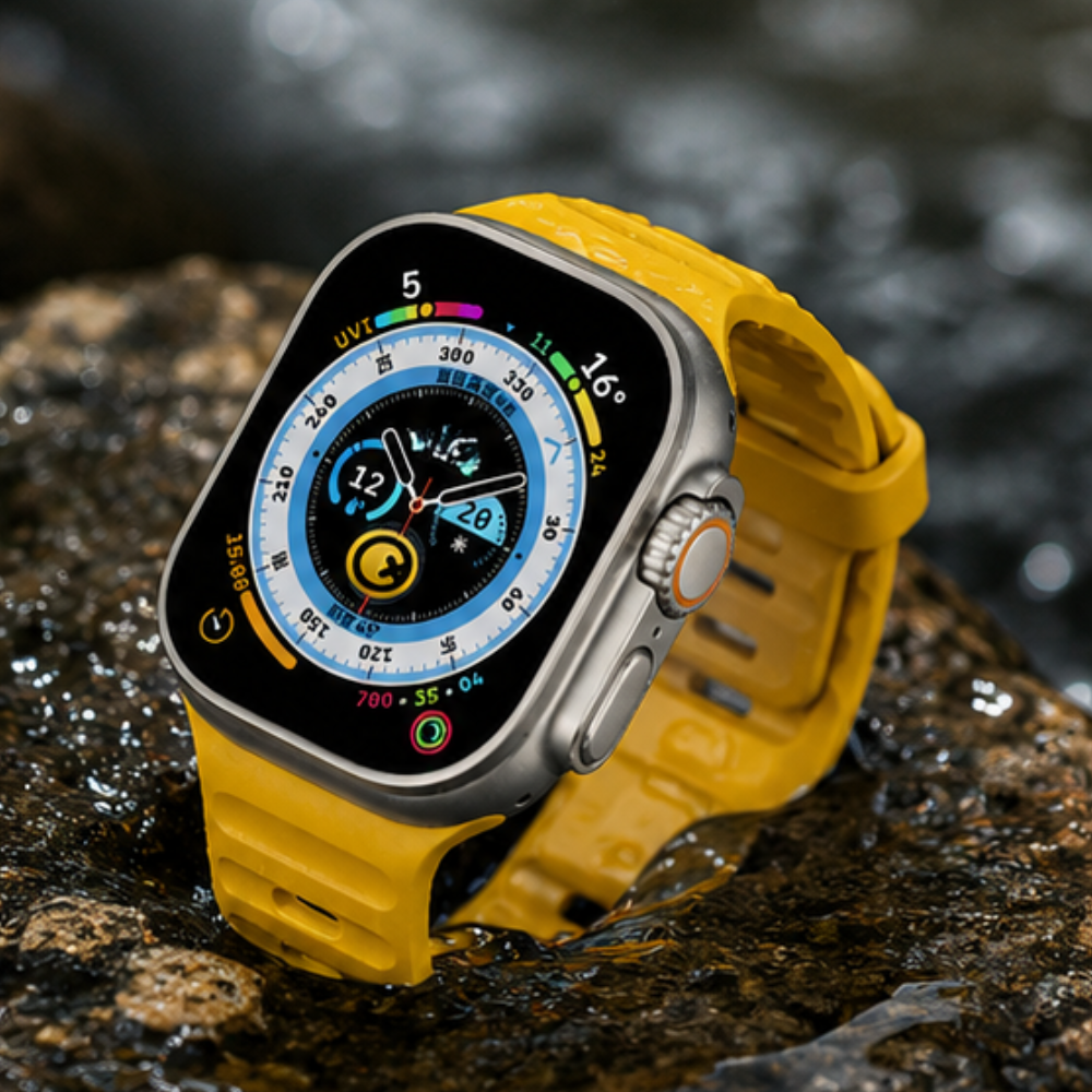 Apple Watch Ultra with bright yellow rubber sport band resting on wet rocks, displaying a compass watch face