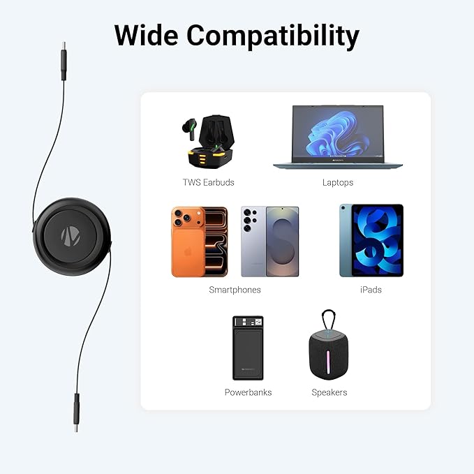 Zebronics retractable Type-C cable wide compatibility with TWS earbuds laptops smartphones iPads powerbanks and speakers