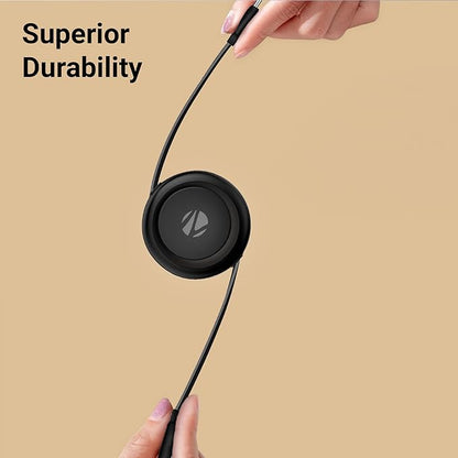 Zebronics retractable Type-C cable superior durability being stretched by two hands showing flexible round disc housing