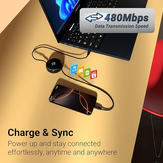 Zebronics retractable Type-C cable charge and sync 480 Mbps data transmission speed smartphone connected to laptop